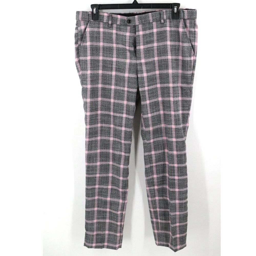 Barabas Las Angelos Mens Pink Grey Plaid Pants Size 36 Slim Fit Metallic